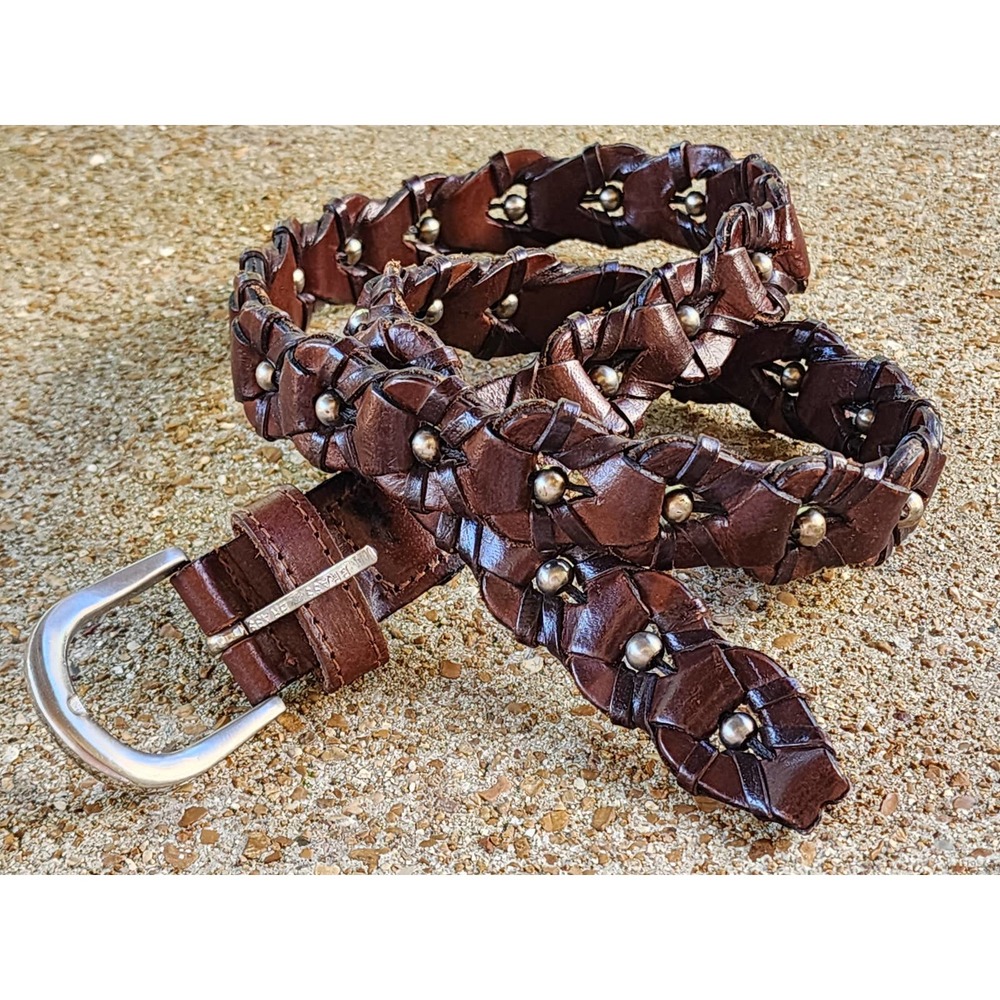 Vintage 90s Donna Katz Woven Brown Leather Belt with Silver Ball Detail - Medium